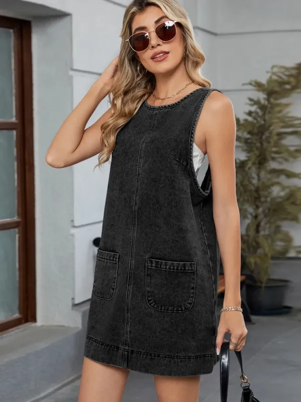 Round Neck Denim Overall Dress sold by Unique Kulture