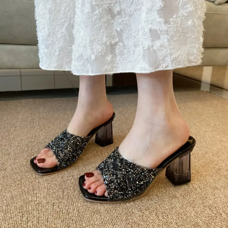 Rhinestone Open Toe Block Heel Sandals made by Trendsi