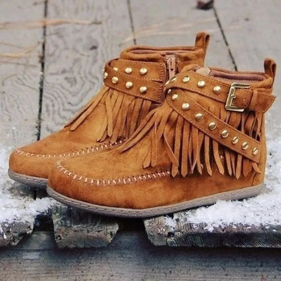 Fringe Studded Suede Flat Boots sold by Unique Kulture