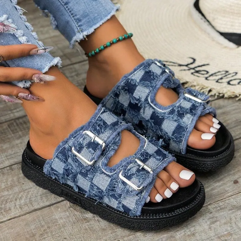 Raw Edge Checkered Cloth Buckle Sandals sold by Unique Kulture