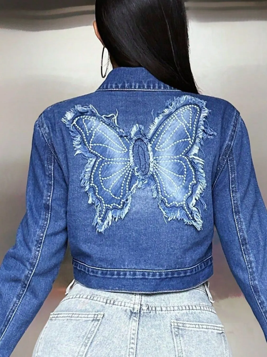 Butterfly Patch Long Sleeve Cropped Denim Top sold by Unique Kulture product image thumbnail 4