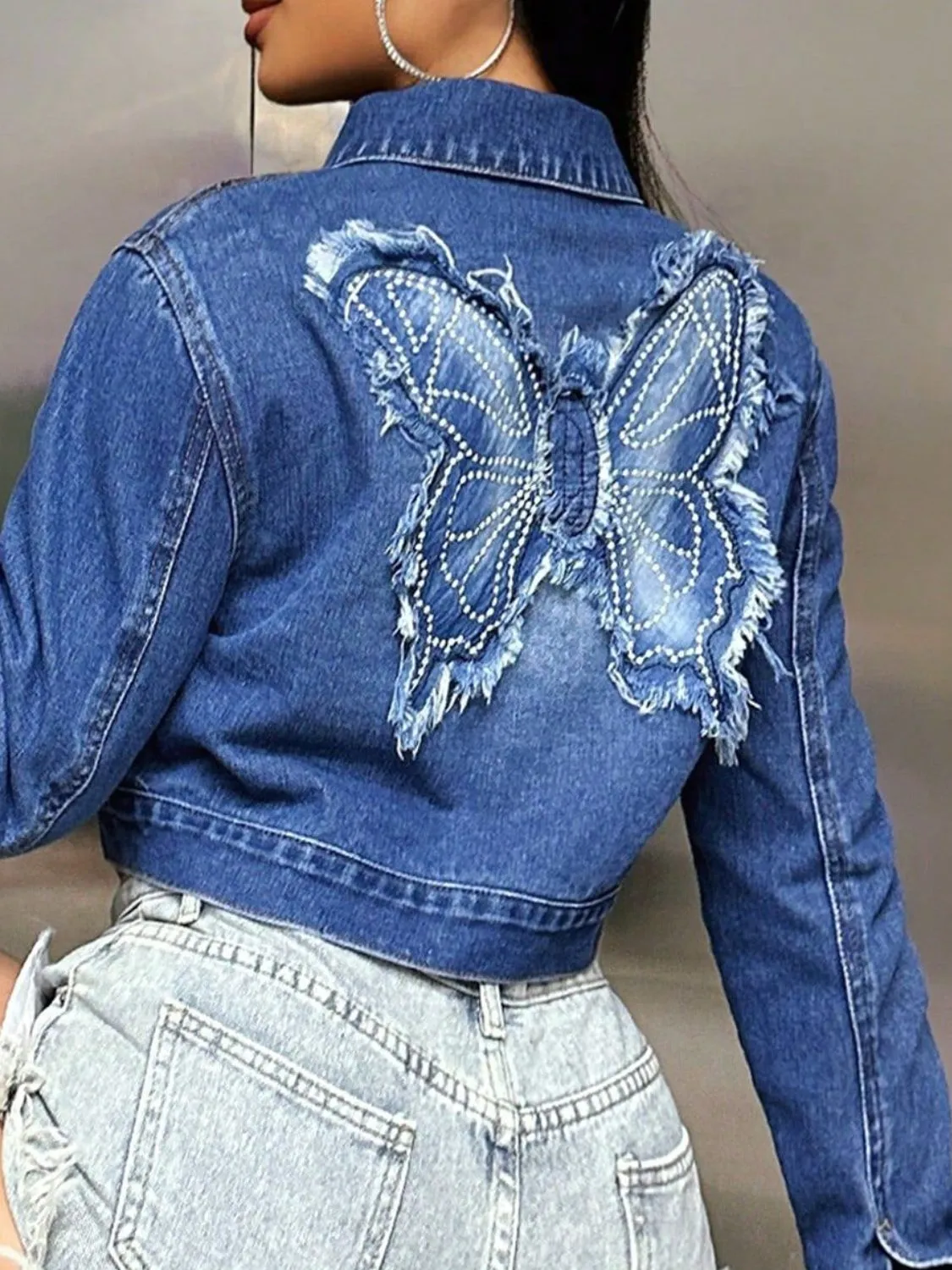 Butterfly Patch Long Sleeve Cropped Denim Top sold by Unique Kulture product image thumbnail 2