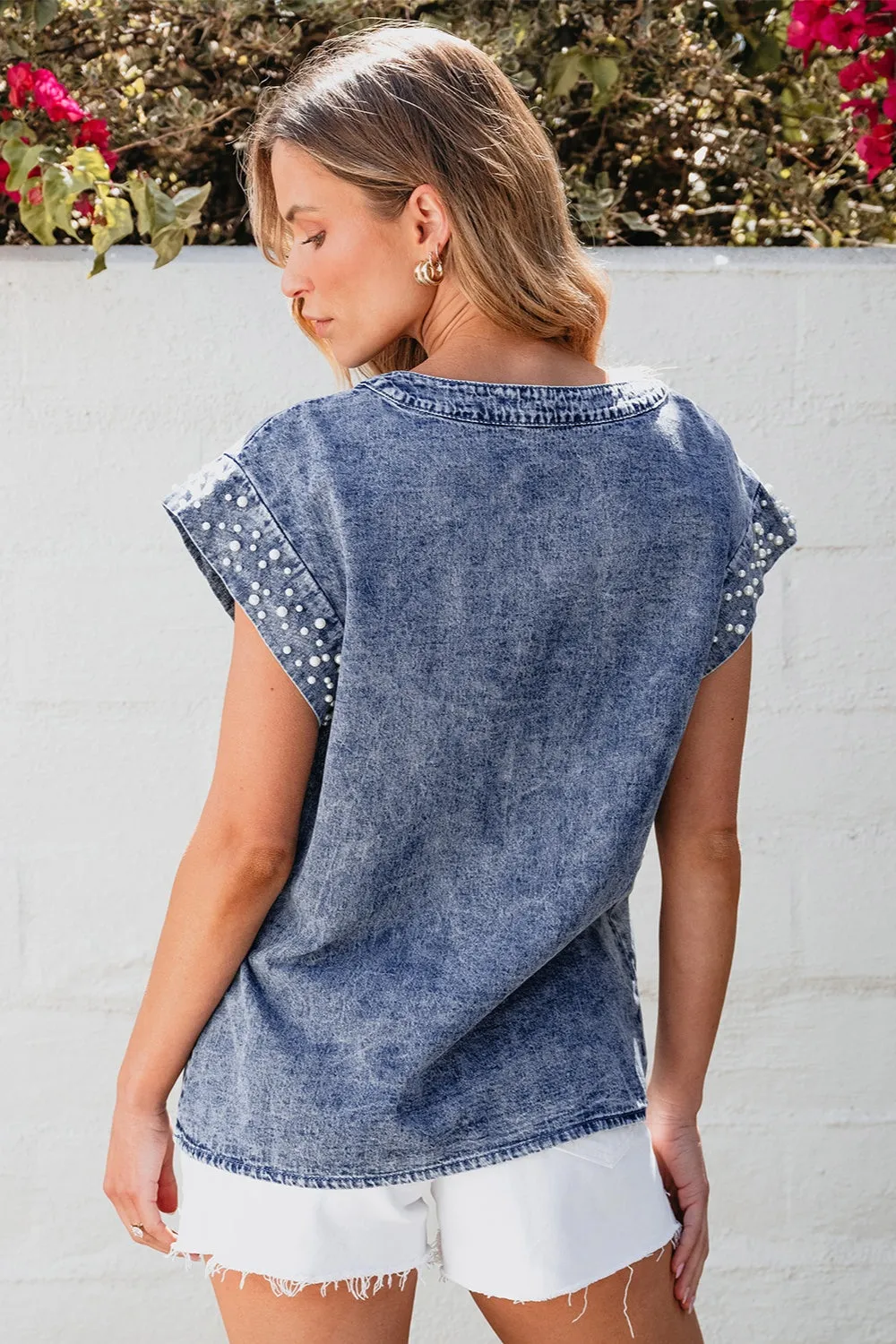 Pearl Trim Round Neck Cap Sleeve Denim Top sold by Unique Kulture product image thumbnail 4