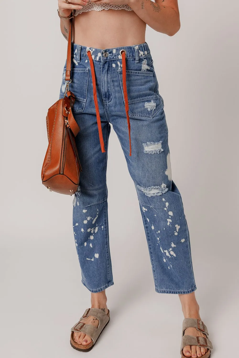 Distressed Splattering Paint Rope Waist Cropped Straight Jeans sold by Unique Kulture product image thumbnail 2
