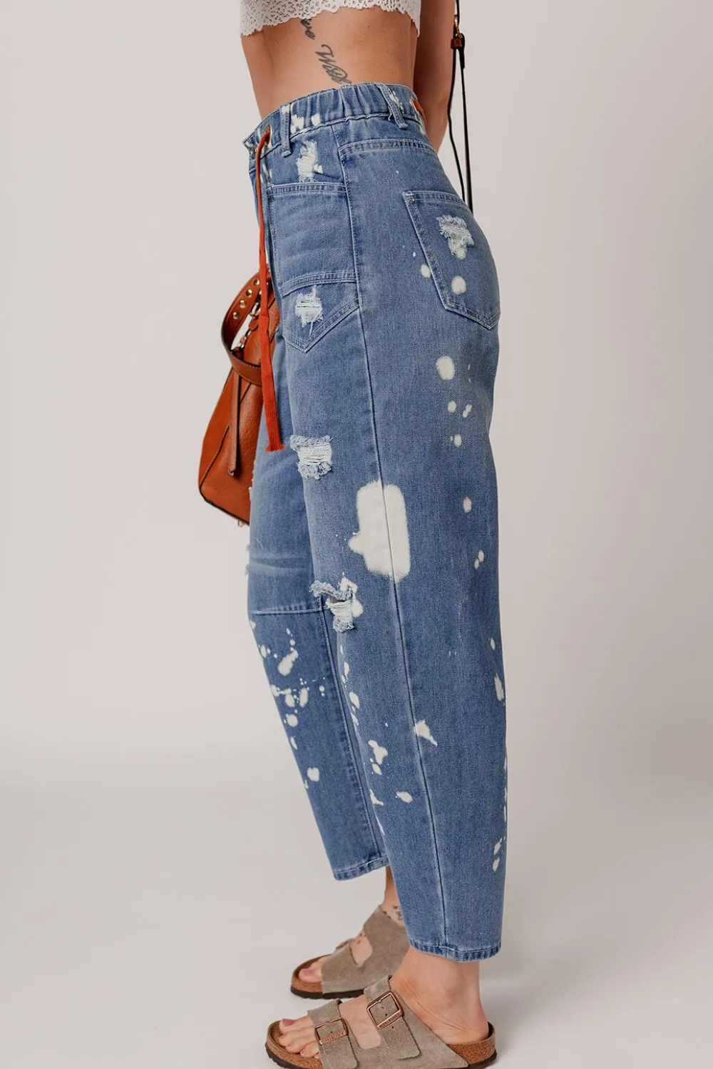Distressed Splattering Paint Rope Waist Cropped Straight Jeans sold by Unique Kulture product image thumbnail 4