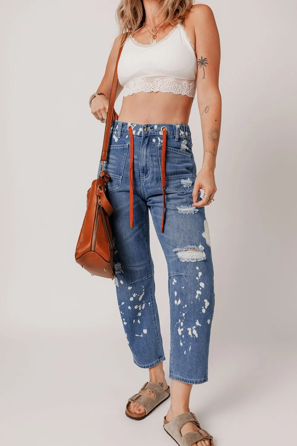 Distressed Splattering Paint Rope Waist Cropped Straight Jeans sold by Unique Kulture product image thumbnail 5