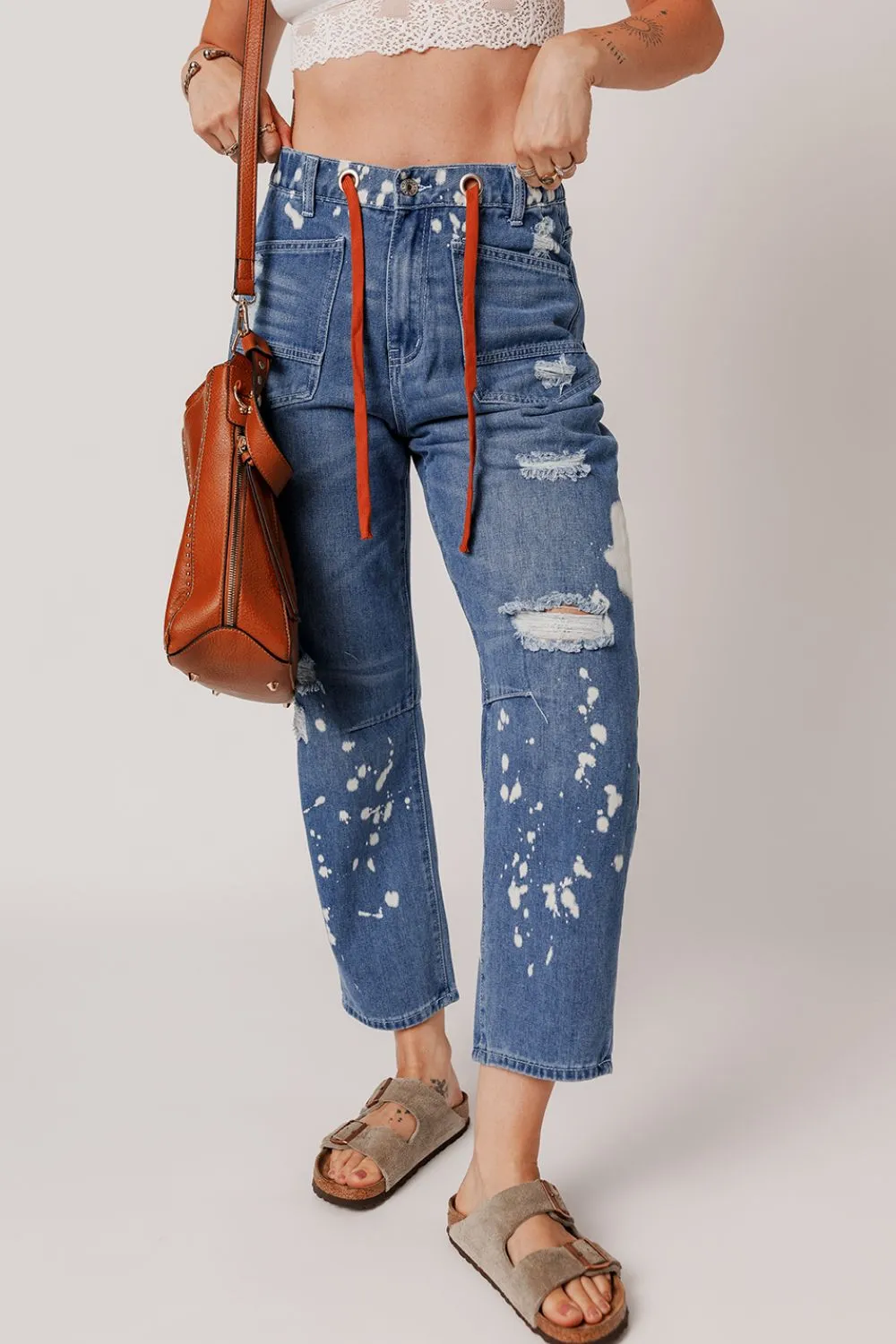 Distressed Splattering Paint Rope Waist Cropped Straight Jeans sold by Unique Kulture