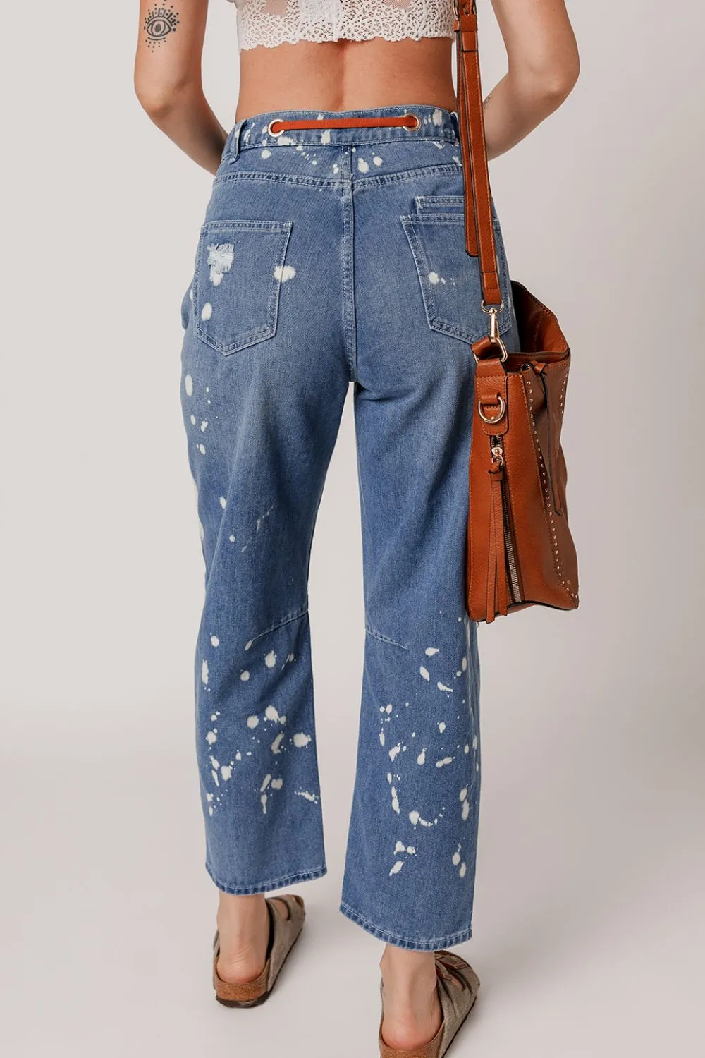 Distressed Splattering Paint Rope Waist Cropped Straight Jeans sold by Unique Kulture product image thumbnail 3