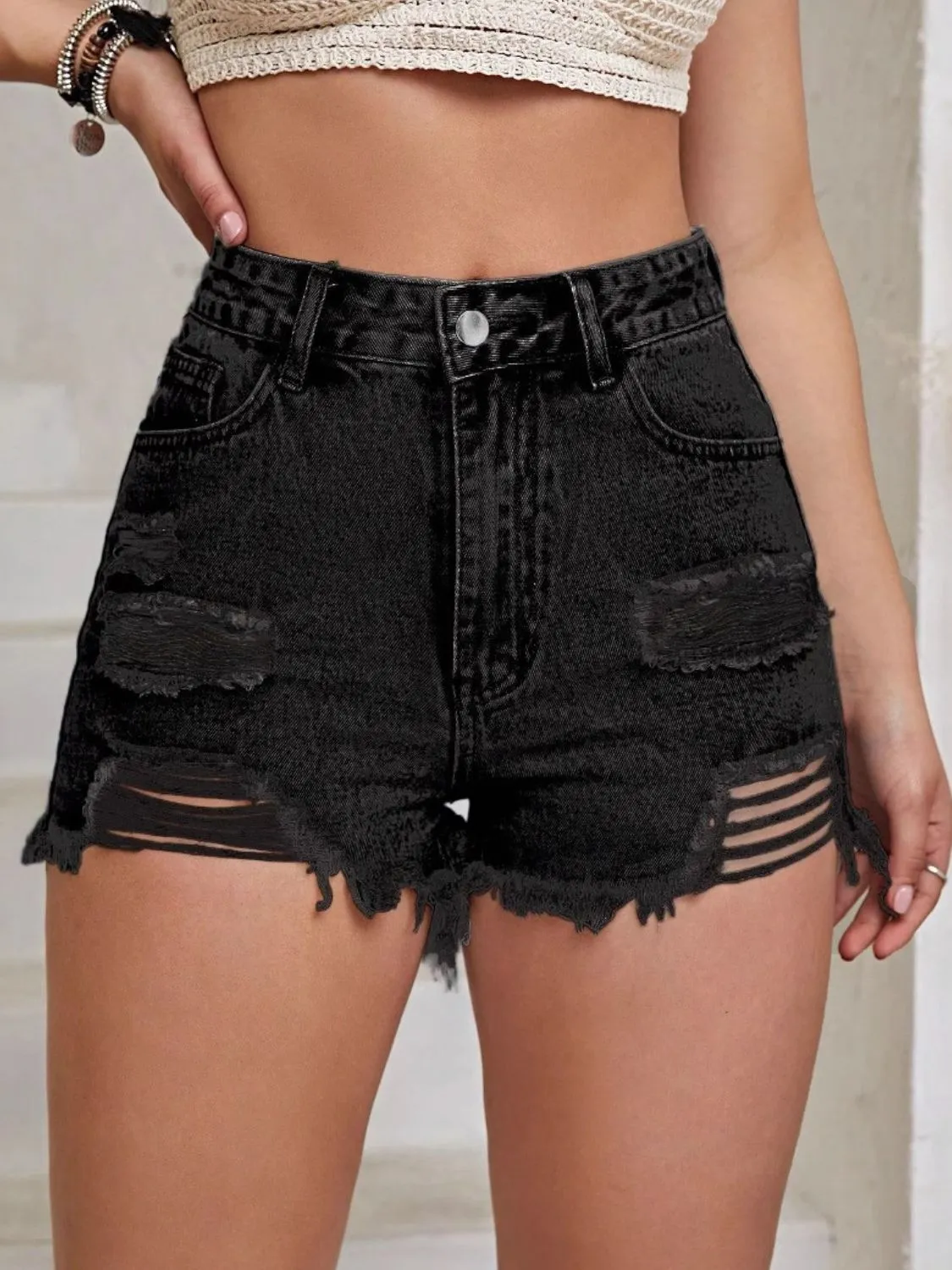 Distressed Raw Hem High Waist Denim Shorts sold by Unique Kulture product image thumbnail 5