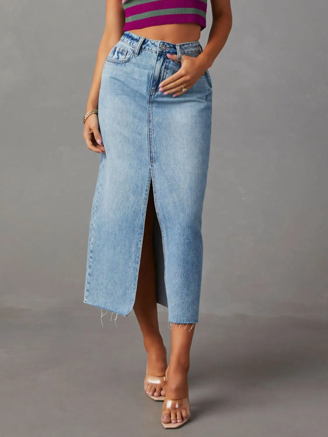 Raw Hem Front Slit Denim Midi Skirt sold by Unique Kulture