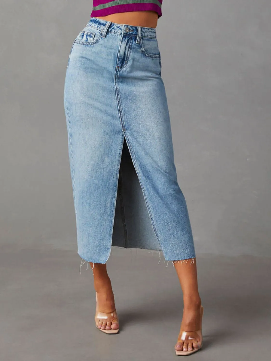 Raw Hem Front Slit Denim Midi Skirt sold by Unique Kulture product image thumbnail 2