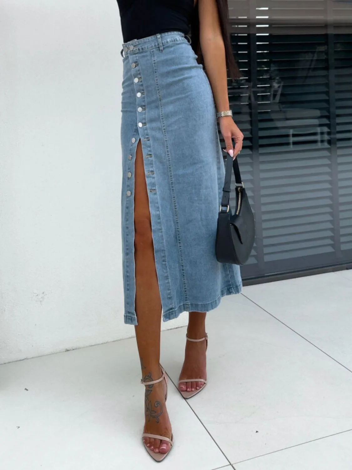 Front Button Slit Midi Denim Skirt sold by Unique Kulture product image thumbnail 4