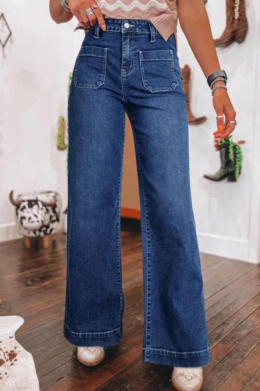 Front Pocket Patch High Waisted Wide Leg Jeans sold by Unique Kulture