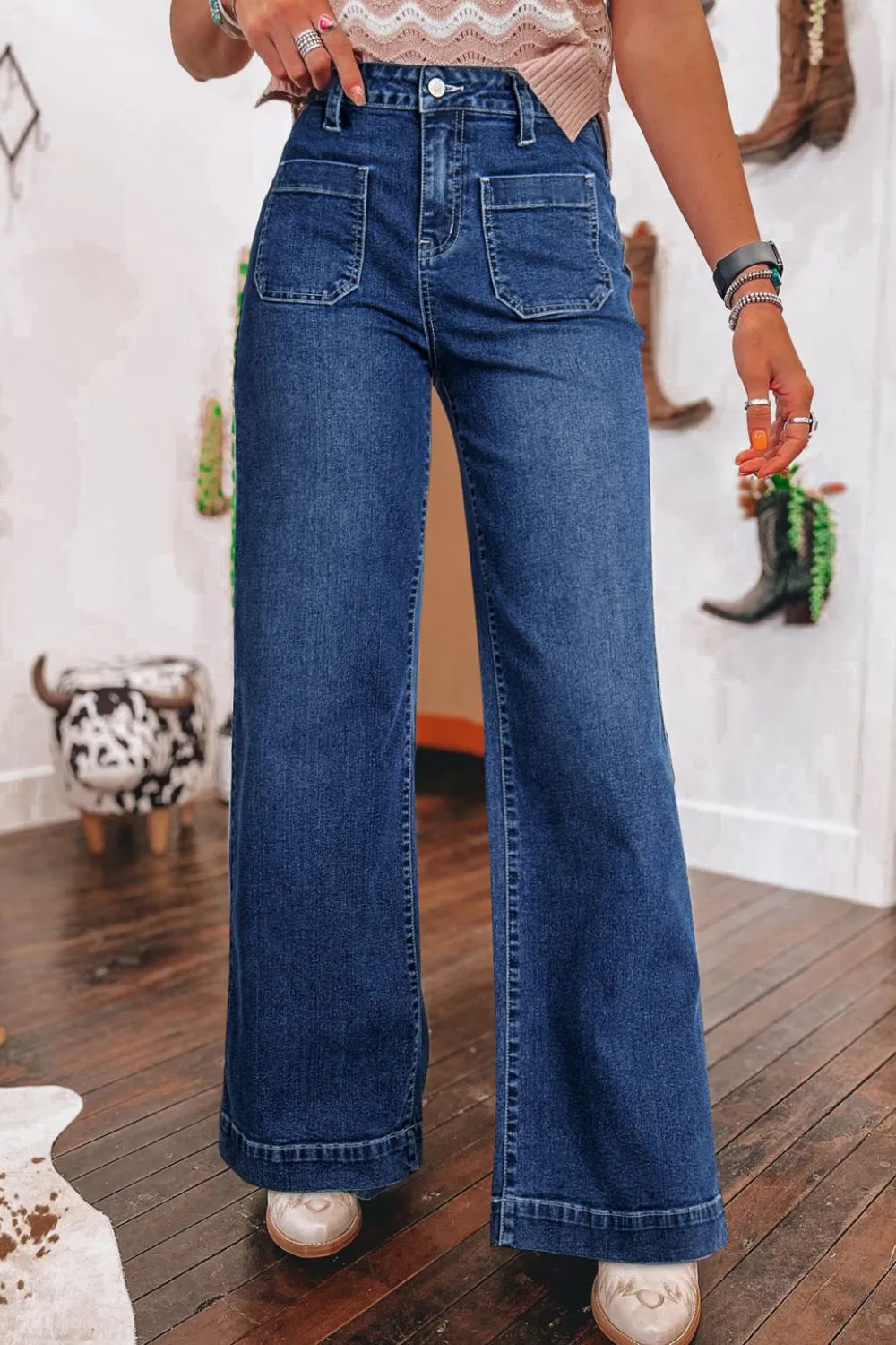 Front Pocket Patch High Waisted Wide Leg Jeans sold by Unique Kulture