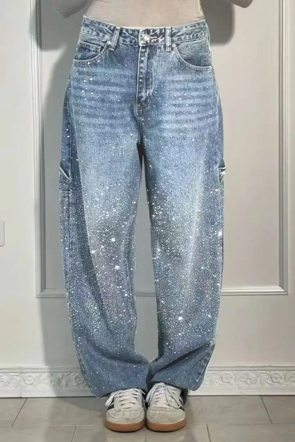 Full Size Washed Rhinestone Detail Wide leg Jeans Plus Size sold by Unique Kulture