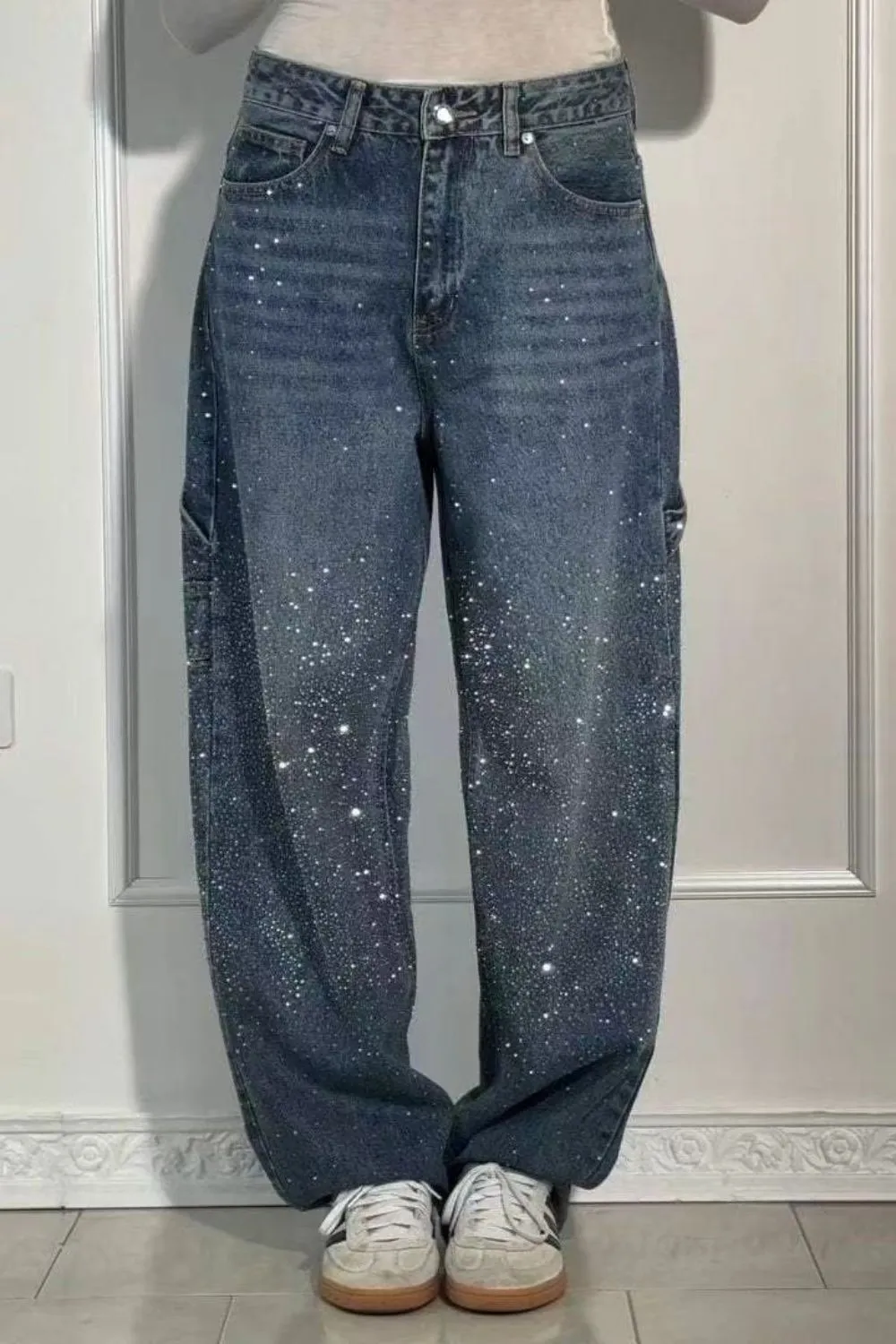 Full Size Washed Rhinestone Detail Wide leg Jeans Plus Size sold by Unique Kulture product image thumbnail 4