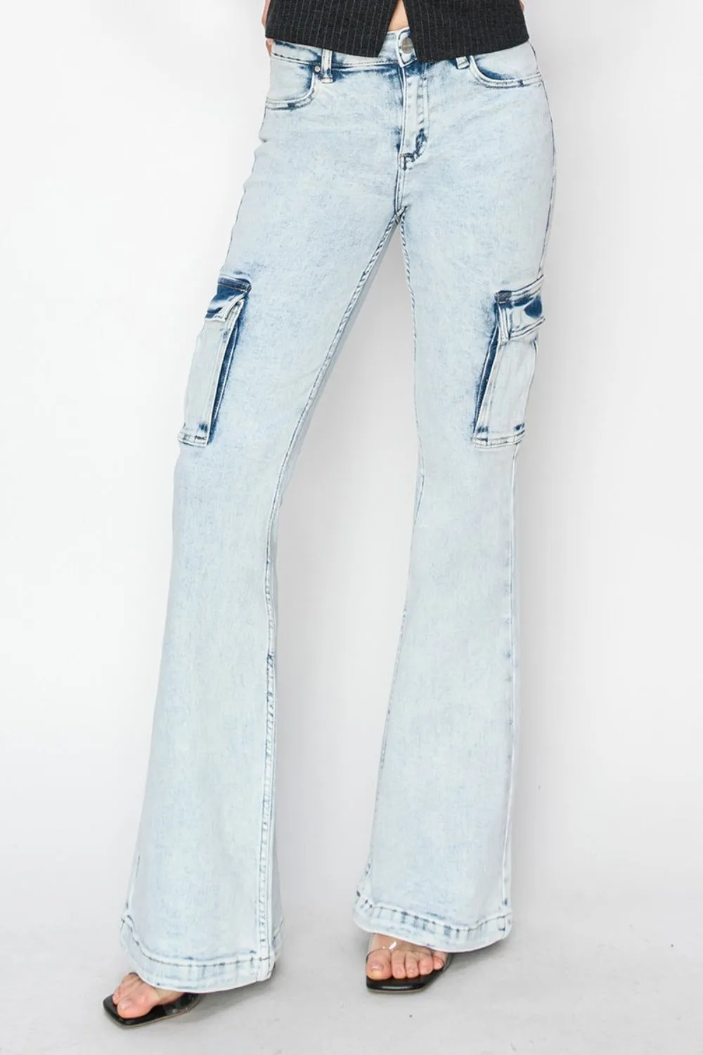 RISEN Full Size High Rise Cargo Flare Jeans sold by Unique Kulture