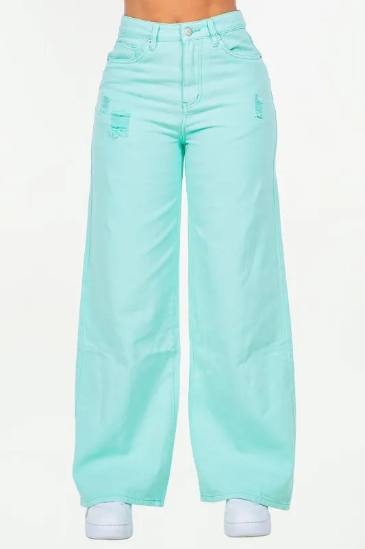 American Bazi High Waist Distressed Wide Leg Jeans sold by Unique Kulture