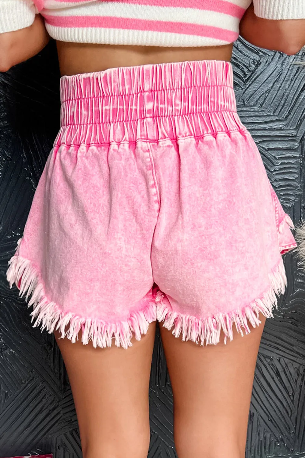 Washed Wide Smocked Waistband Frayed Denim Shorts sold by Unique Kulture product image thumbnail 2