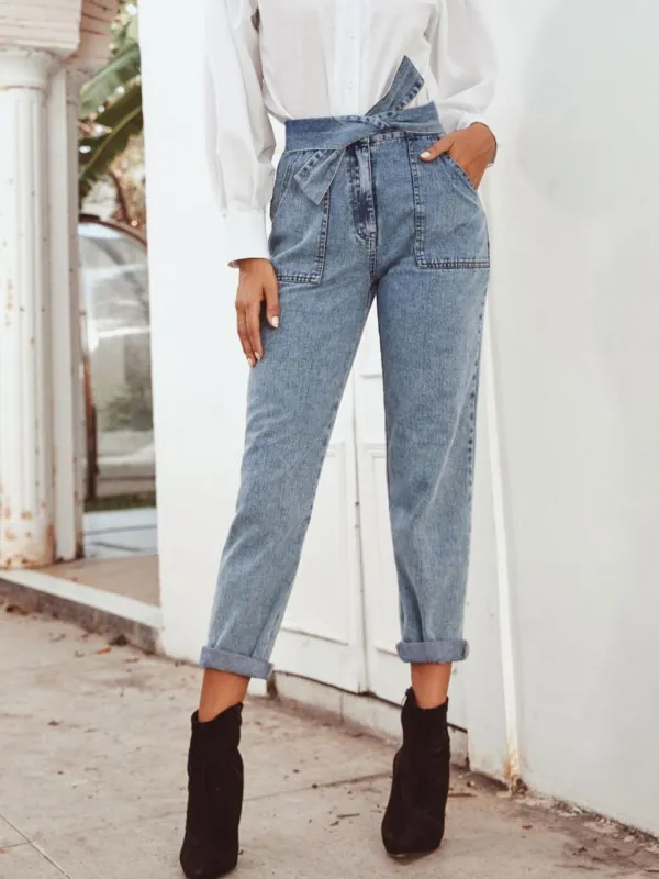 Tied Straight Leg Jeans with Pockets sold by Unique Kulture
