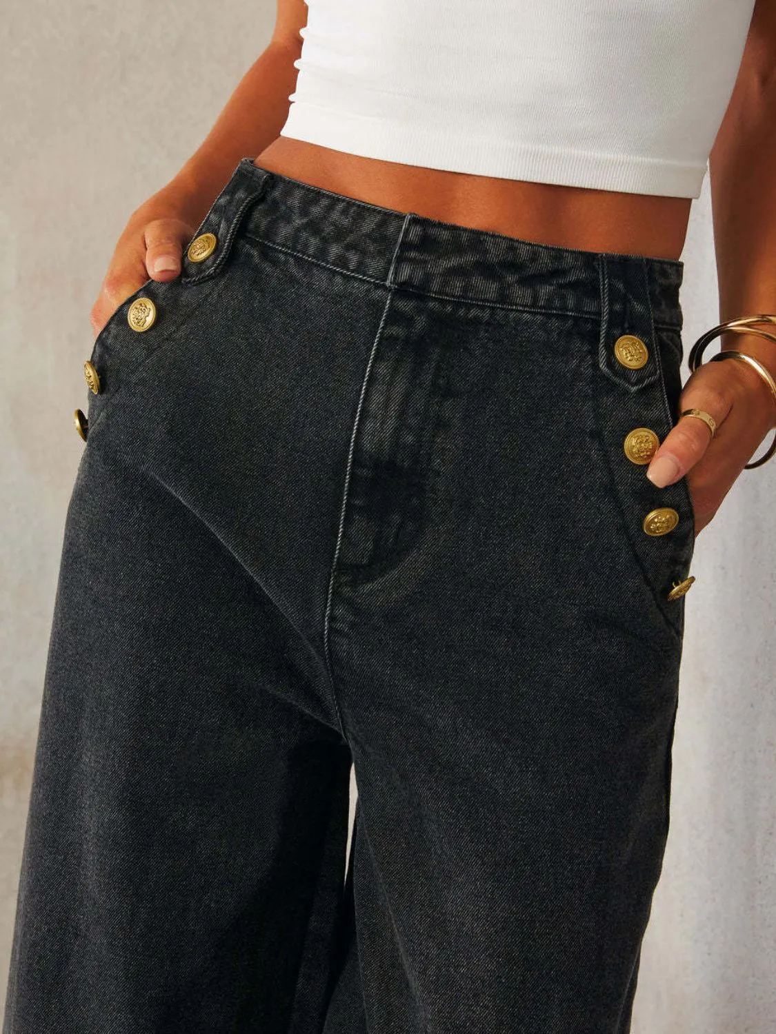 Button Decor High Rise Wide Leg Jeans sold by Unique Kulture product image thumbnail 5