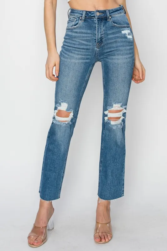 RISEN High Rise Distressed Ankle Jeans sold by Unique Kulture