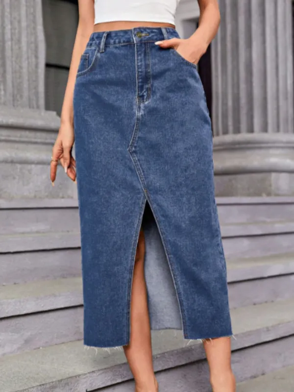 Slit Midi Denim Skirt with Pockets sold by Unique Kulture