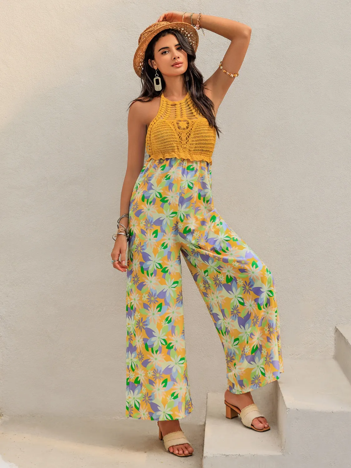 Openwork Halter Neck Floral Wide Leg Jumpsuit sold by Unique Kulture product image thumbnail 5