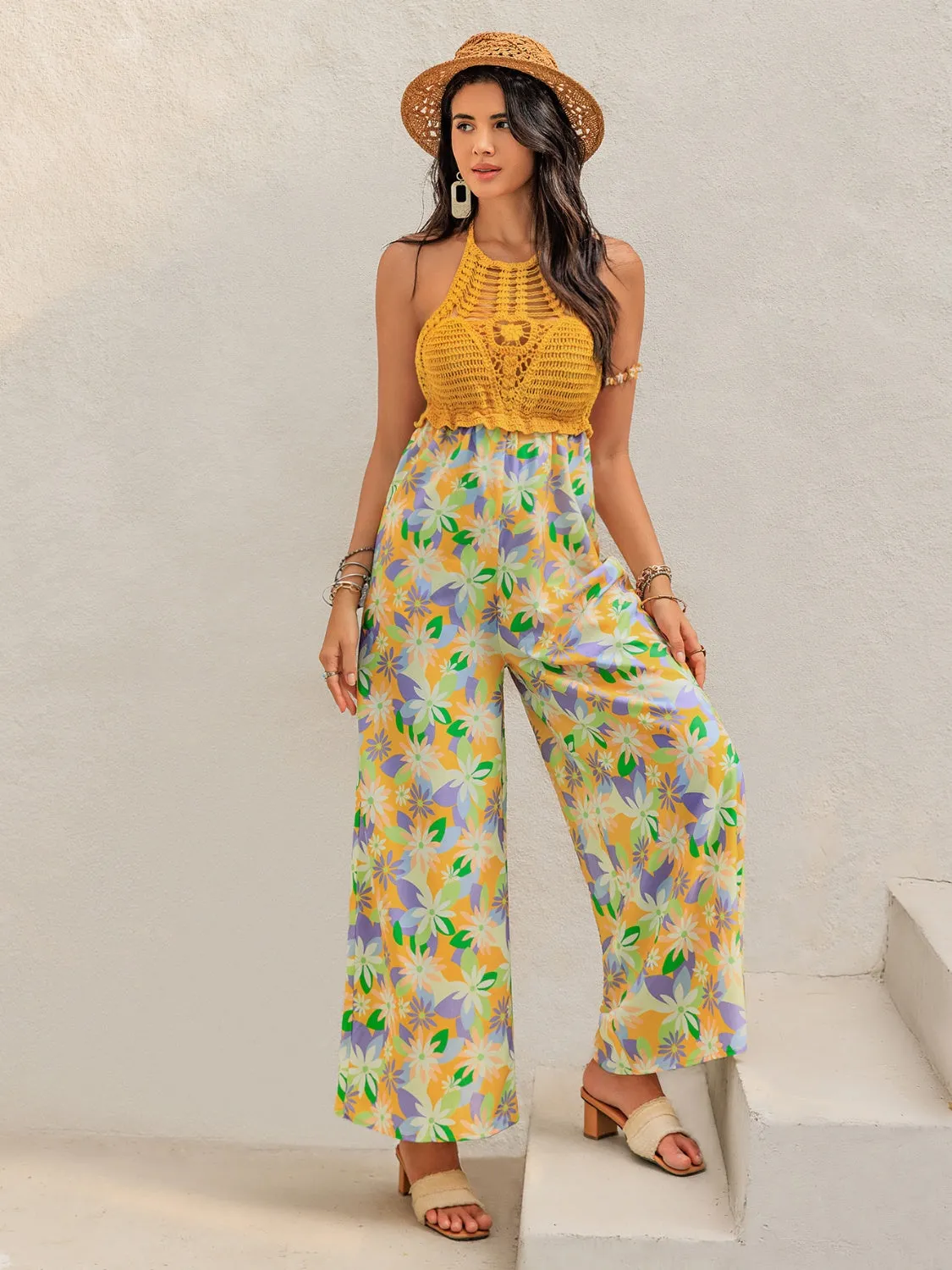 Openwork Halter Neck Floral Wide Leg Jumpsuit sold by Unique Kulture product image thumbnail 2