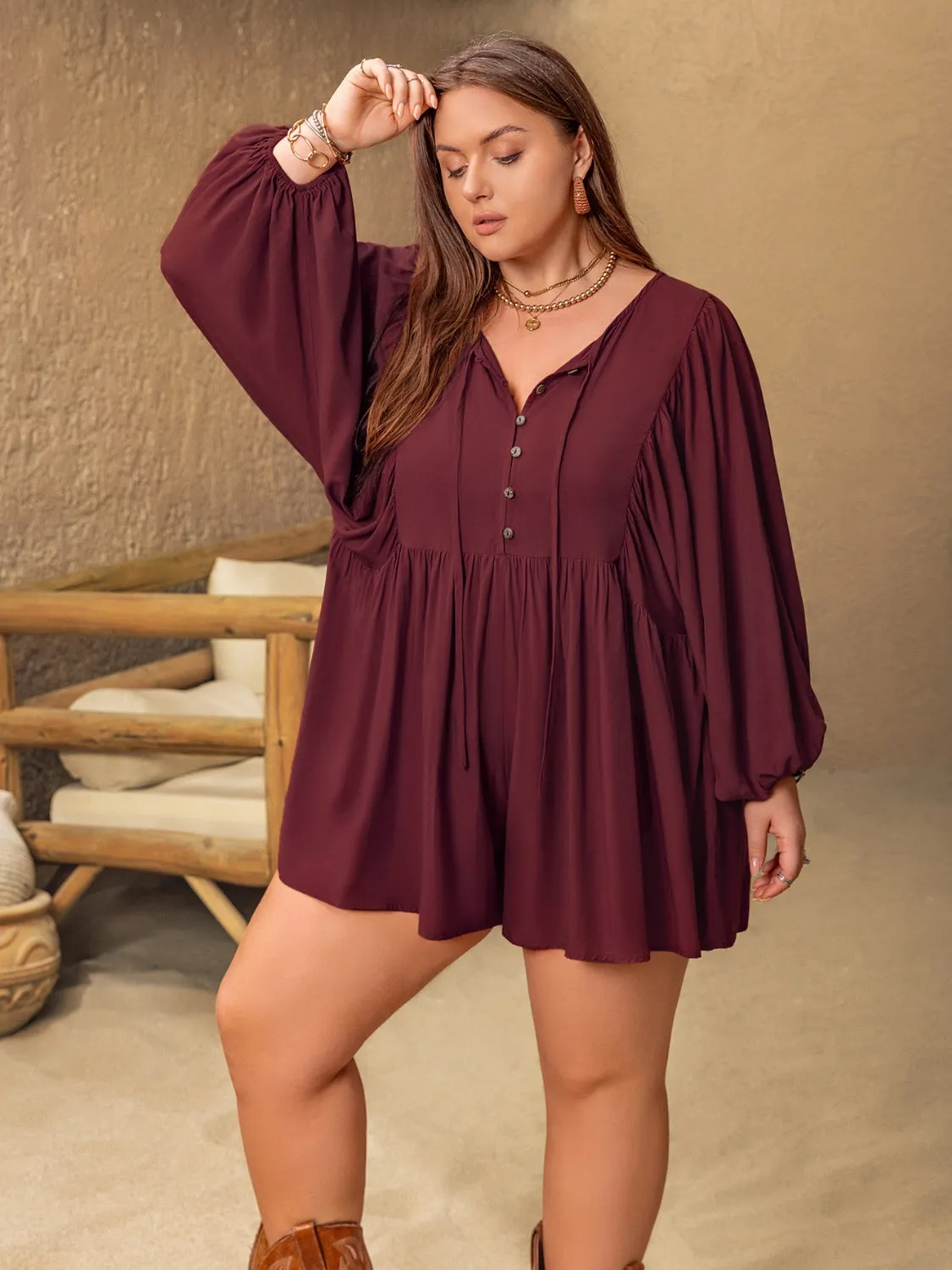 Plus Size Tie Neck Balloon Sleeve Romper sold by Unique Kulture product image thumbnail 3