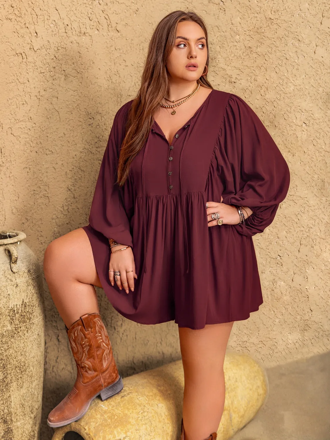 Plus Size Tie Neck Balloon Sleeve Romper sold by Unique Kulture product image thumbnail 5