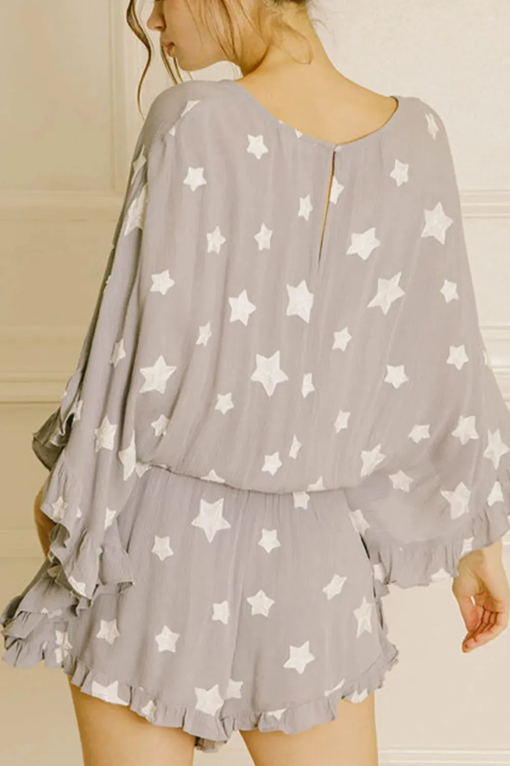 Star Print Crinkle Textured Kimono Ruffle Sleeve Romper sold by Unique Kulture product image thumbnail 3