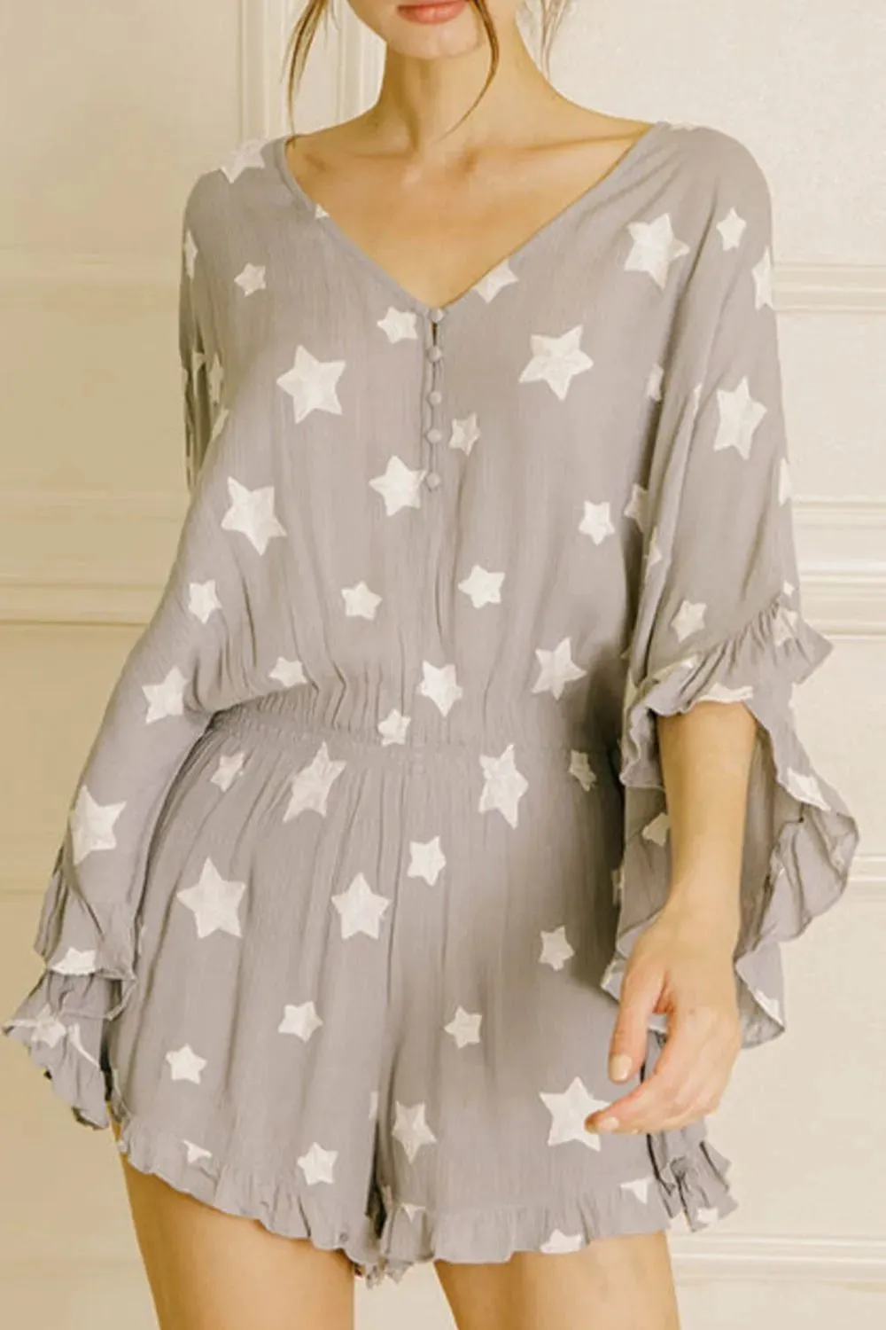 Star Print Crinkle Textured Kimono Ruffle Sleeve Romper sold by Unique Kulture product image thumbnail 4