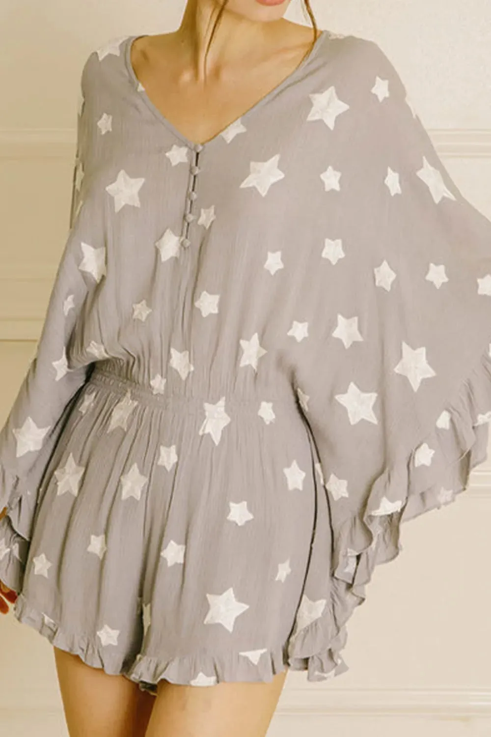 Star Print Crinkle Textured Kimono Ruffle Sleeve Romper sold by Unique Kulture product image thumbnail 5