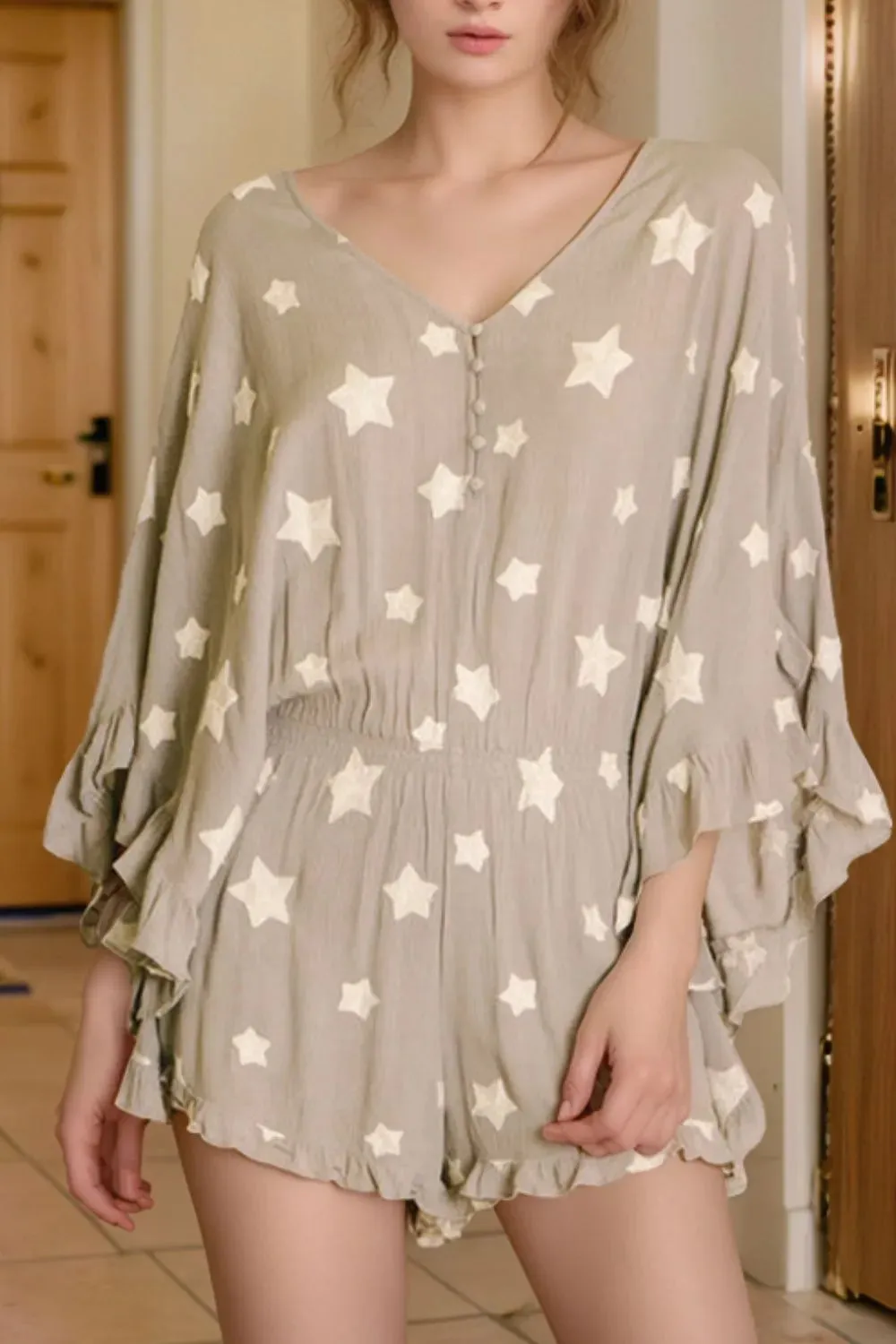 Star Print Crinkle Textured Kimono Ruffle Sleeve Romper sold by Unique Kulture