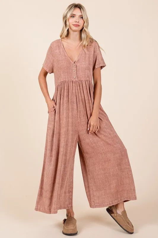 Mittoshop Mineral Wash Short Sleeve Flowy Wide Leg Jumpsuit sold by Unique Kulture