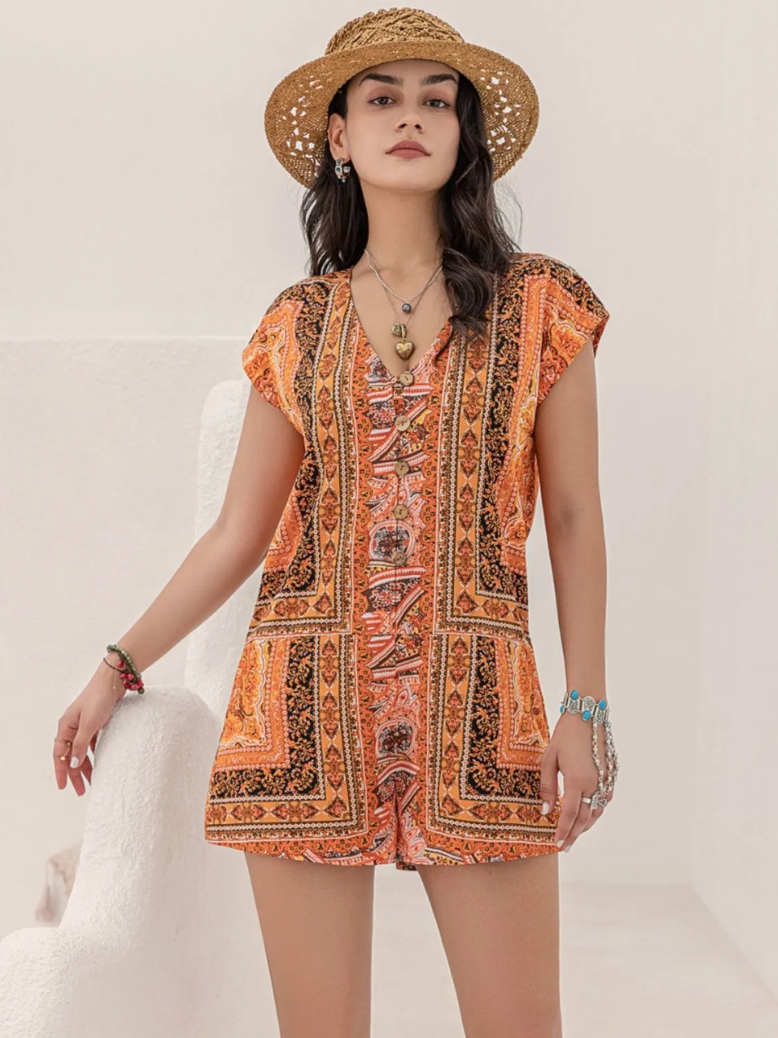 Printed V-Neck Cap Sleeve Romper sold by Unique Kulture product image thumbnail 5