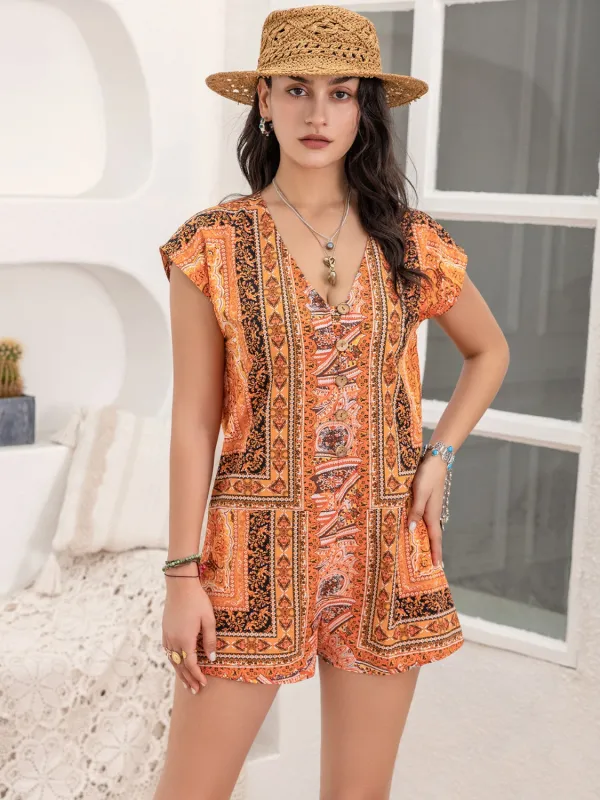 Printed V-Neck Cap Sleeve Romper sold by Unique Kulture
