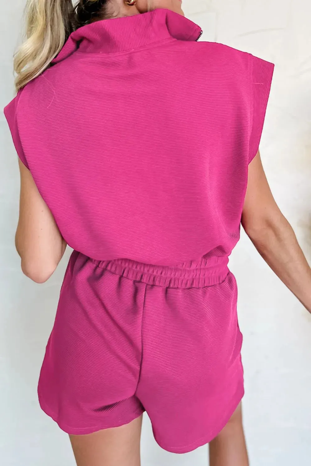Textured Short Sleeve Half Zip Drawstring Waist Romper sold by Unique Kulture product image thumbnail 3