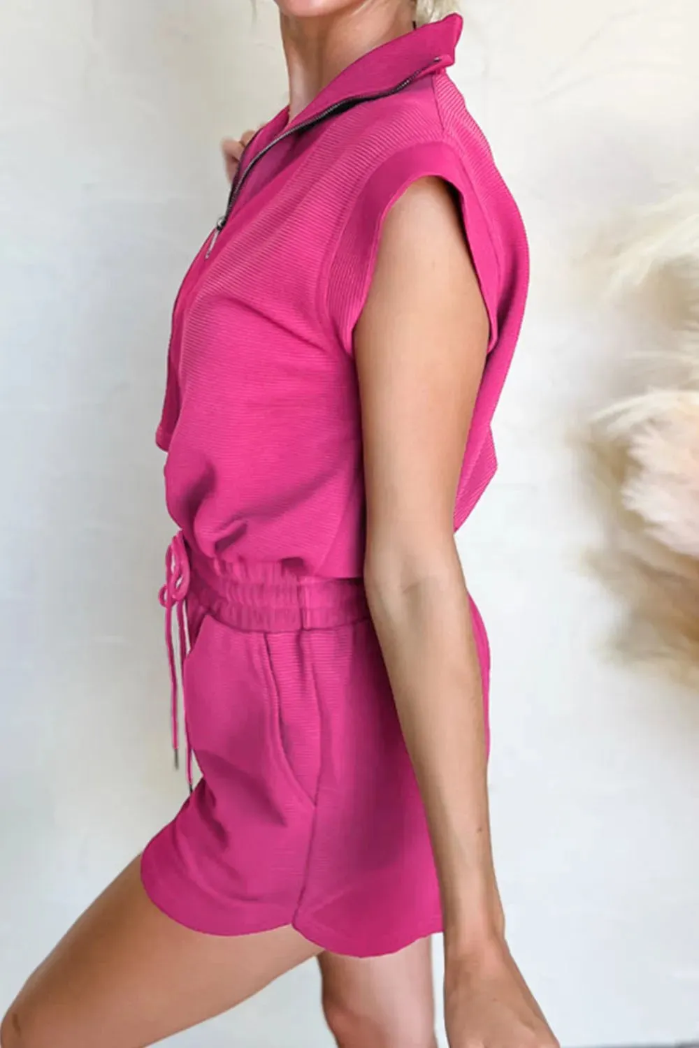 Textured Short Sleeve Half Zip Drawstring Waist Romper sold by Unique Kulture product image thumbnail 4