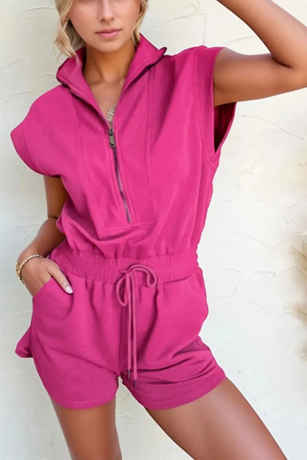 Textured Short Sleeve Half Zip Drawstring Waist Romper sold by Unique Kulture product image thumbnail 2
