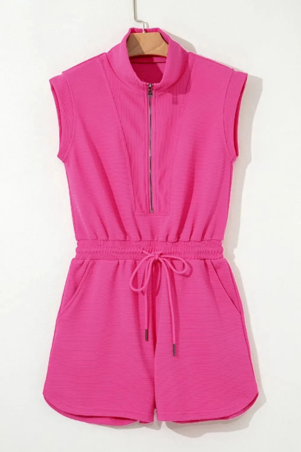 Textured Short Sleeve Half Zip Drawstring Waist Romper sold by Unique Kulture product image thumbnail 5