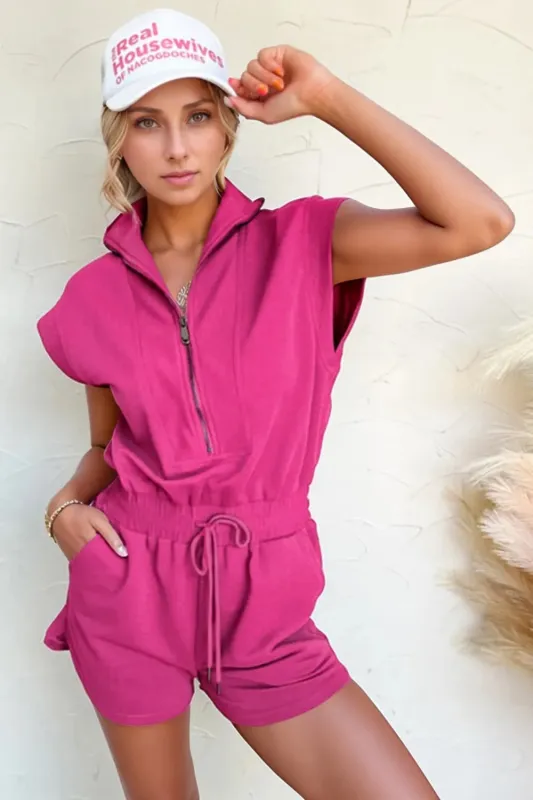Textured Short Sleeve Half Zip Drawstring Waist Romper sold by Unique Kulture