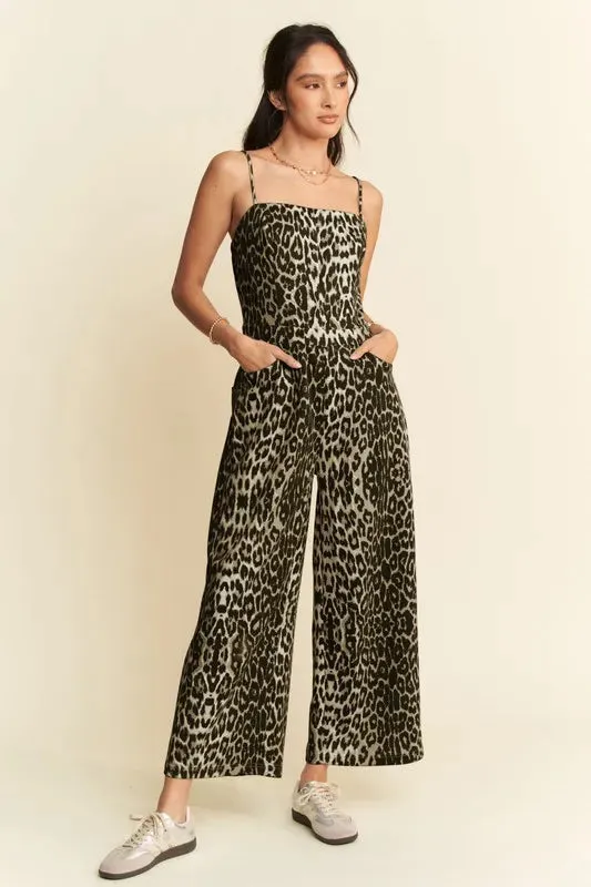 Davi & Dani Leopard Spaghetti Straps Wide Leg Jumpsuit sold by Unique Kulture