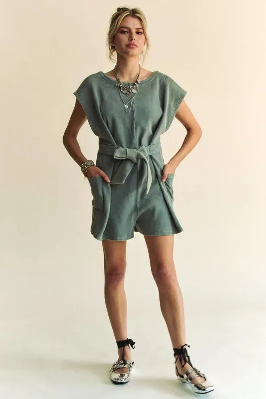 Davi & Dani Acid-Washed Waffle Knit Cuffed Sleeves Romper sold by Unique Kulture product image thumbnail 5