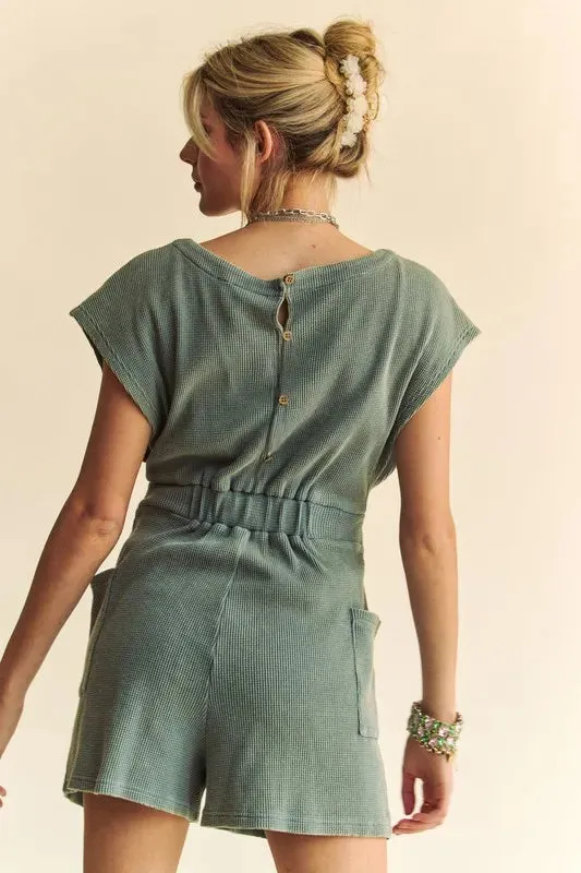 Davi & Dani Acid-Washed Waffle Knit Cuffed Sleeves Romper sold by Unique Kulture product image thumbnail 2