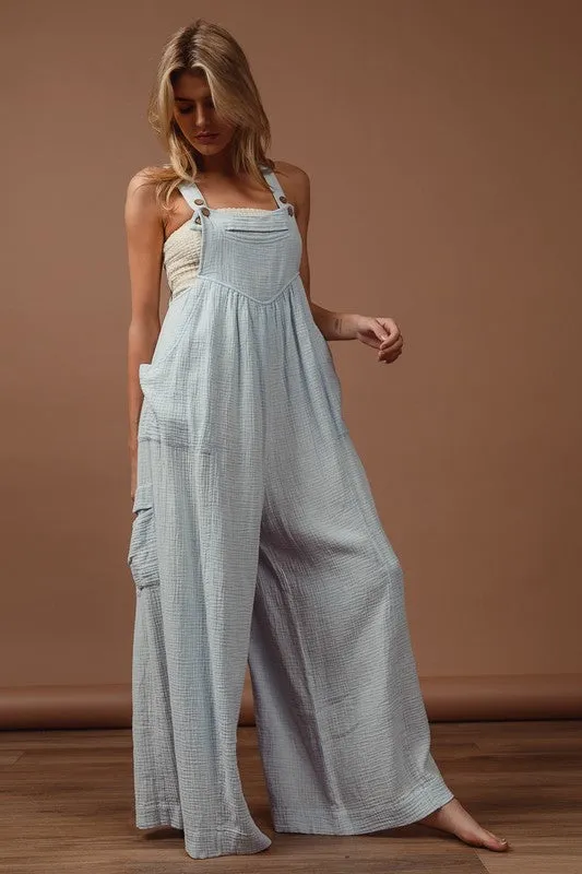 BiBi Vintage Washed Crinkle Gauze Wide Leg Overalls sold by Unique Kulture product image thumbnail 4