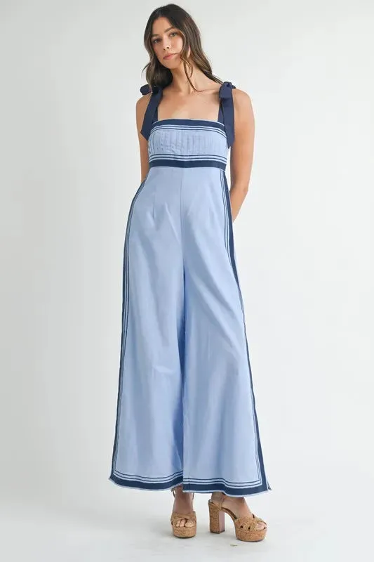MABLE Linen Mix Chevron Sail Shoulder Strap Jumpsuit sold by Unique Kulture