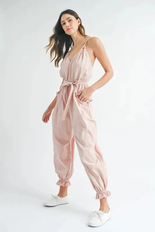 MABLE Washed Fabric Spaghetti Strap Waist Belted Jumpsuit sold by Unique Kulture product image thumbnail 5