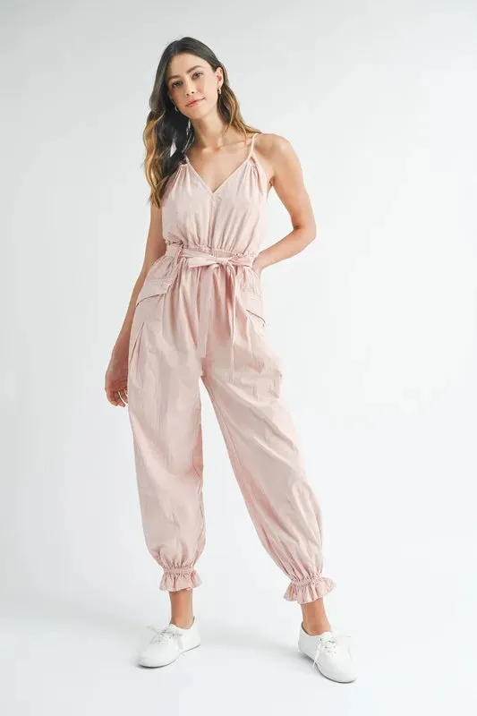 MABLE Washed Fabric Spaghetti Strap Waist Belted Jumpsuit sold by Unique Kulture